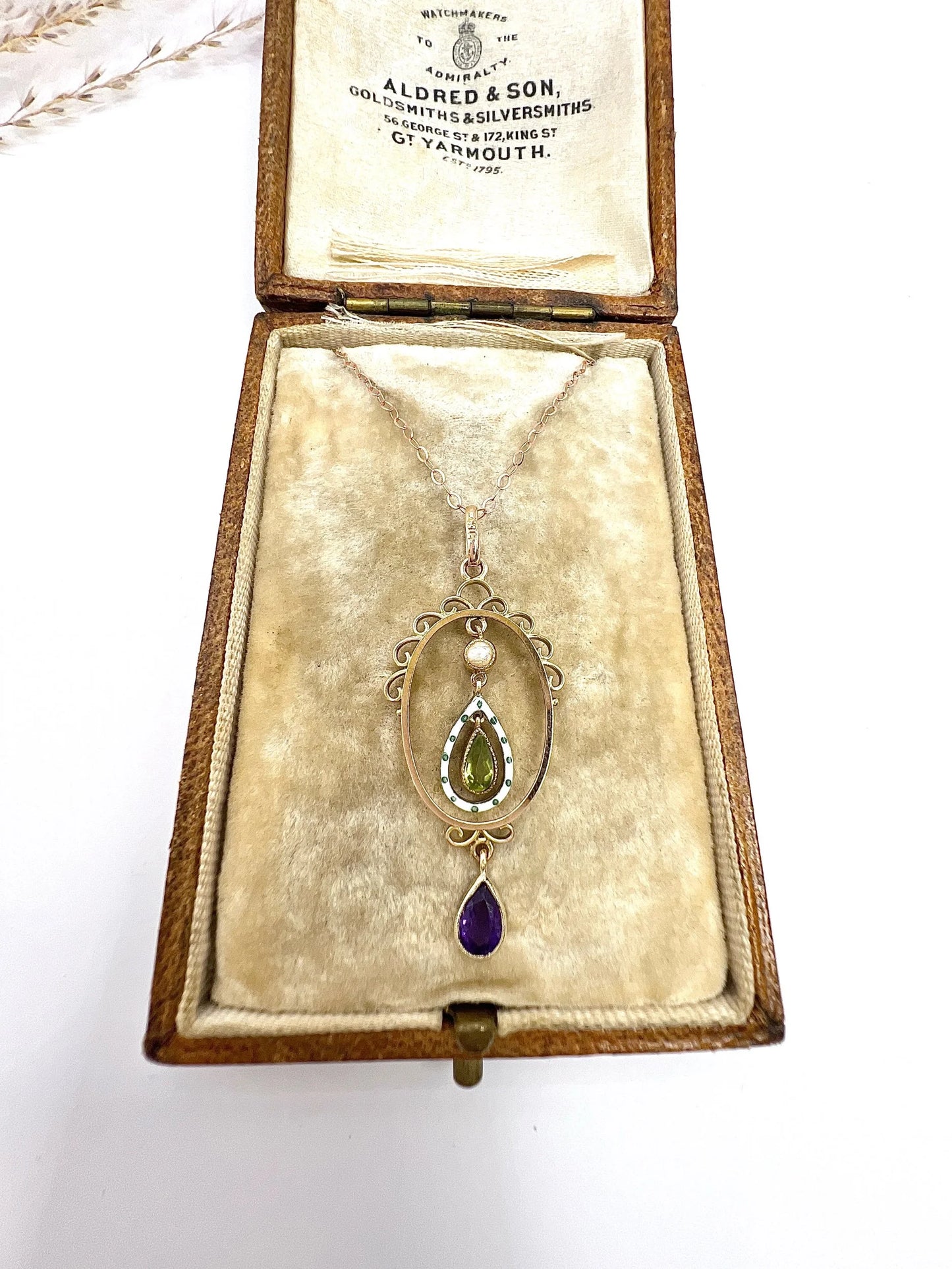 Antique 9 ct Gold, Edwardian Amethyst, Peridot, Seed Pearl And Enamel, Teardrop Suffragette Pendant Necklace
