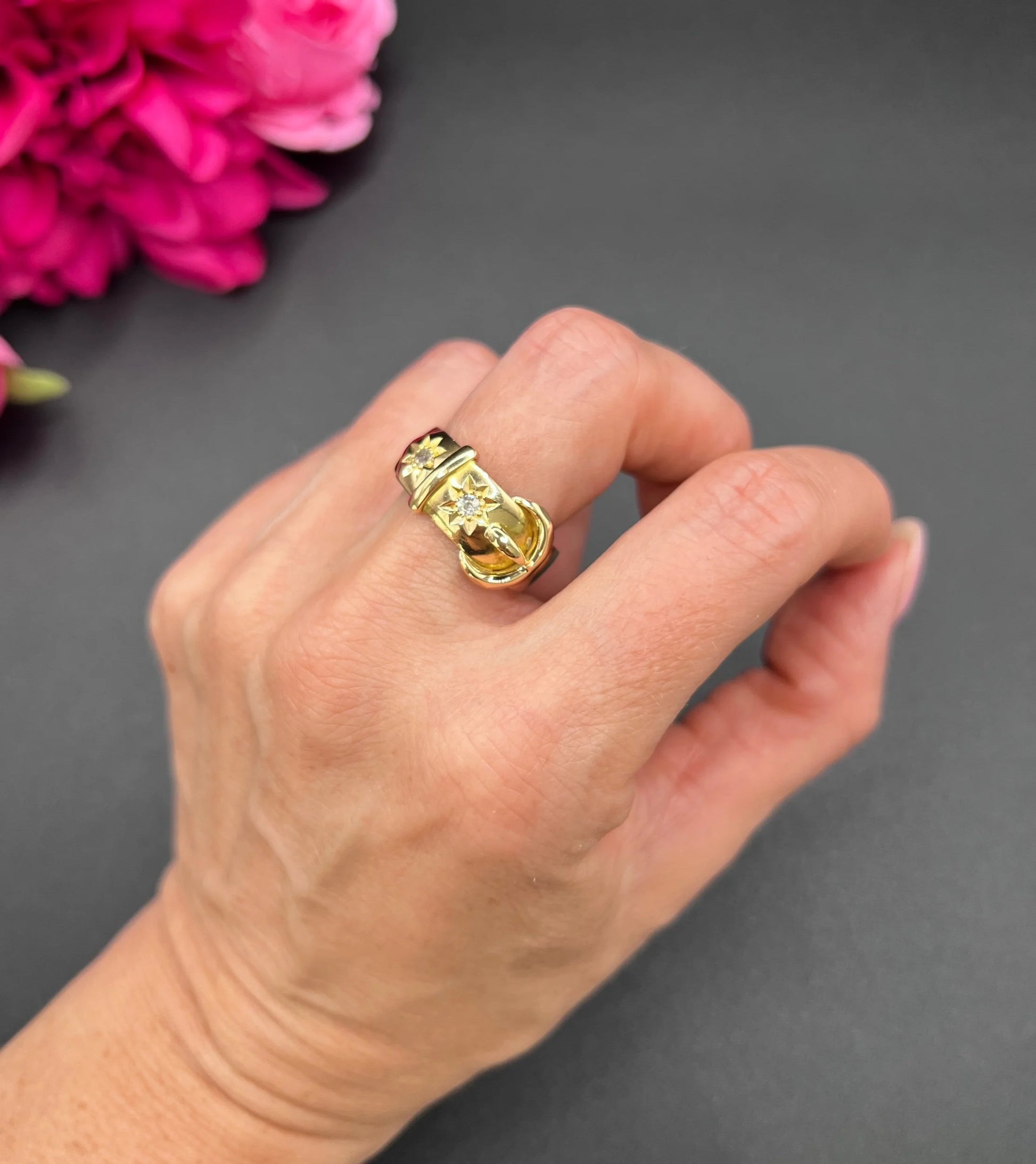 Antique 18ct Yellow Gold, Star Set Diamond Buckle/Belt Ring, Hallmarked Birmingham 1919