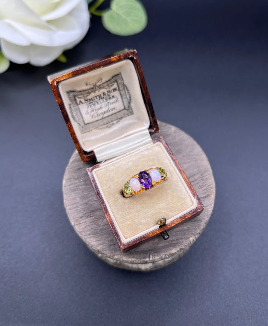 Antique 18 ct Gold, Amethyst, Opal And Peridot Suffragette Ring