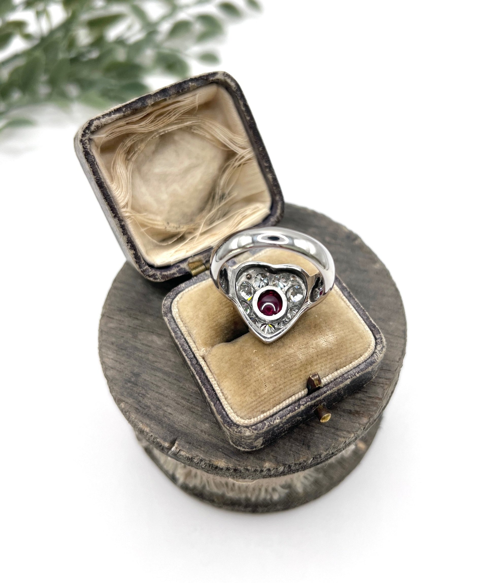 Vintage 14ct White Gold, Cabochon Ruby Heart-Shaped Diamond Cluster Ring