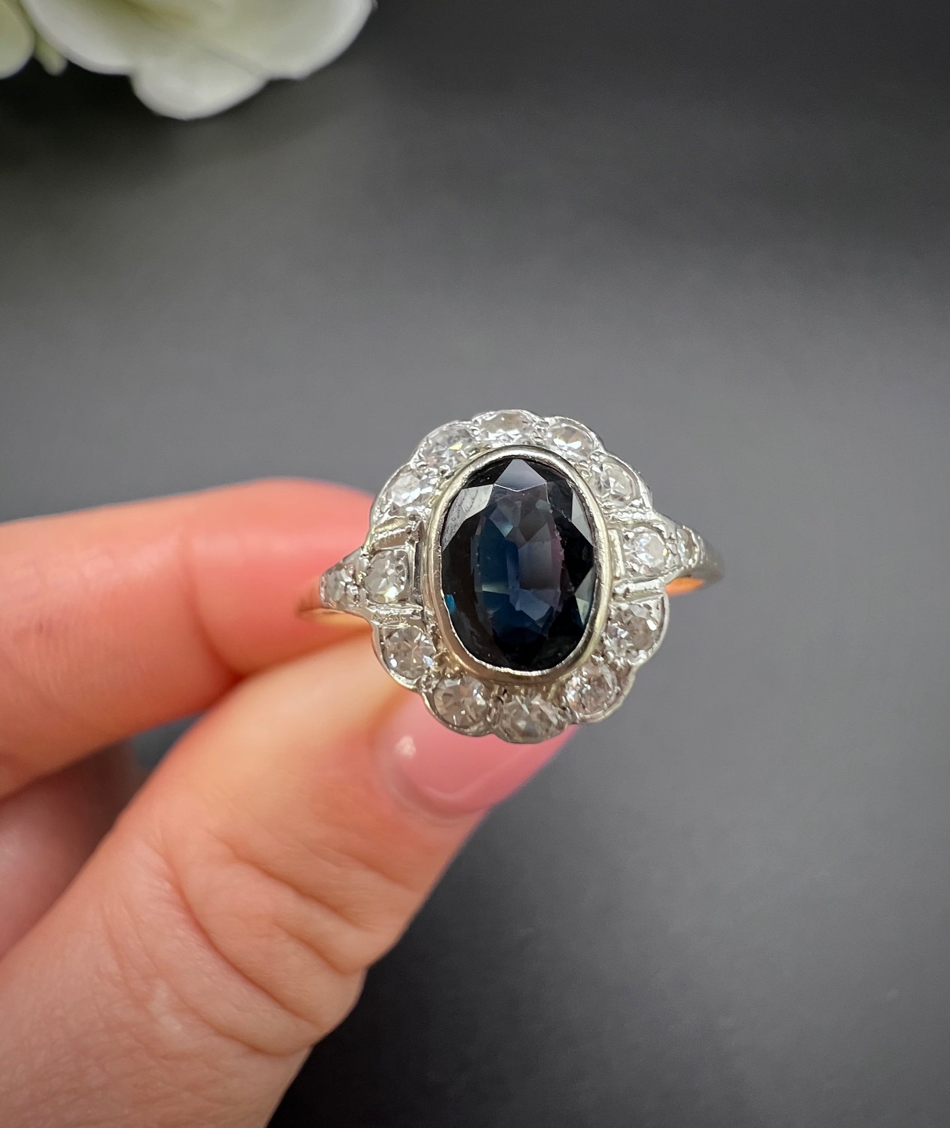 Antique 18ct Gold & Platinum, 1920s Sapphire and Diamond Oval Cluster Ring