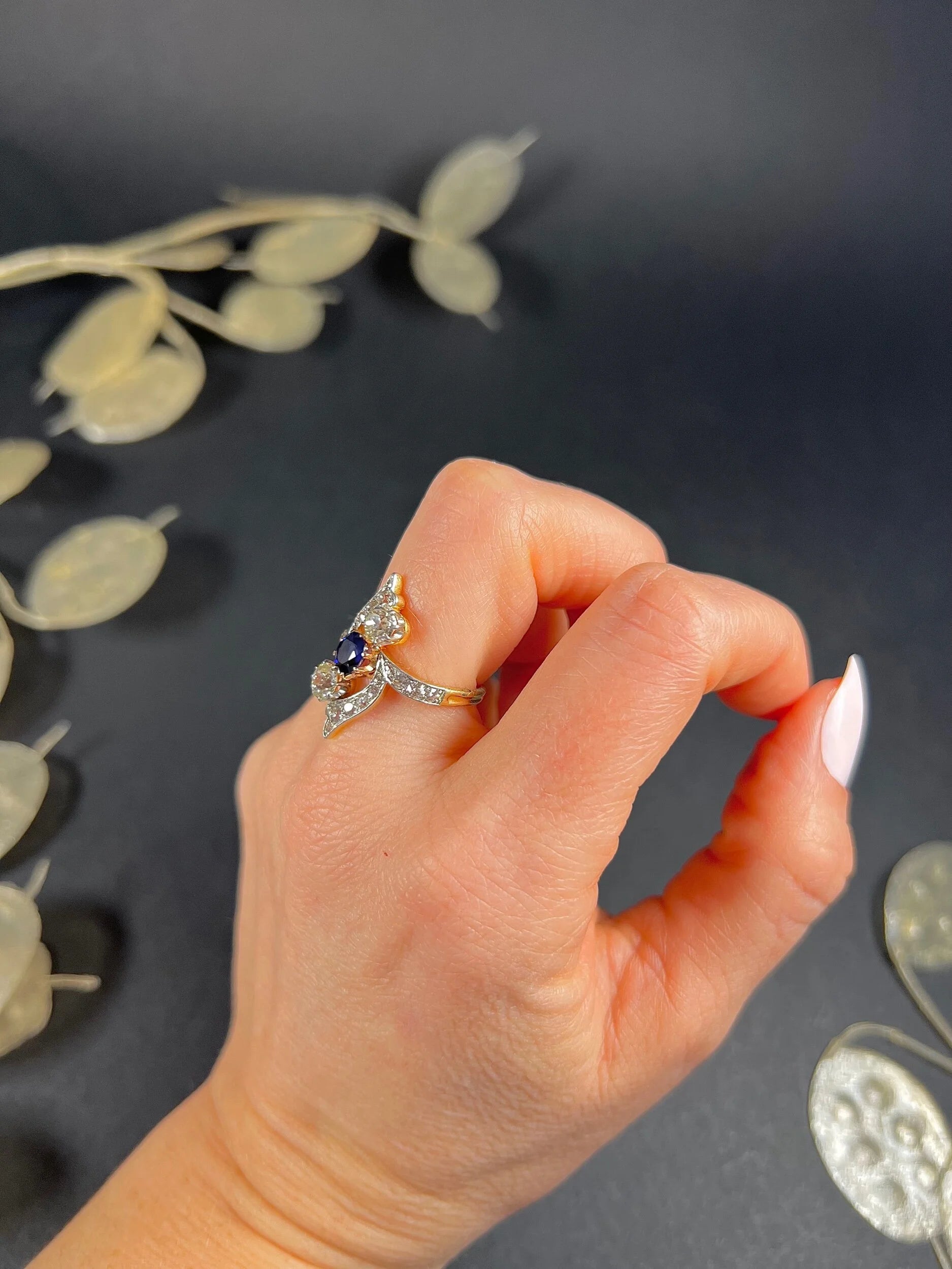Victorian 18 Carat Yellow Gold Sapphire and Diamond Marquise/Navette Ring, Circa 1880