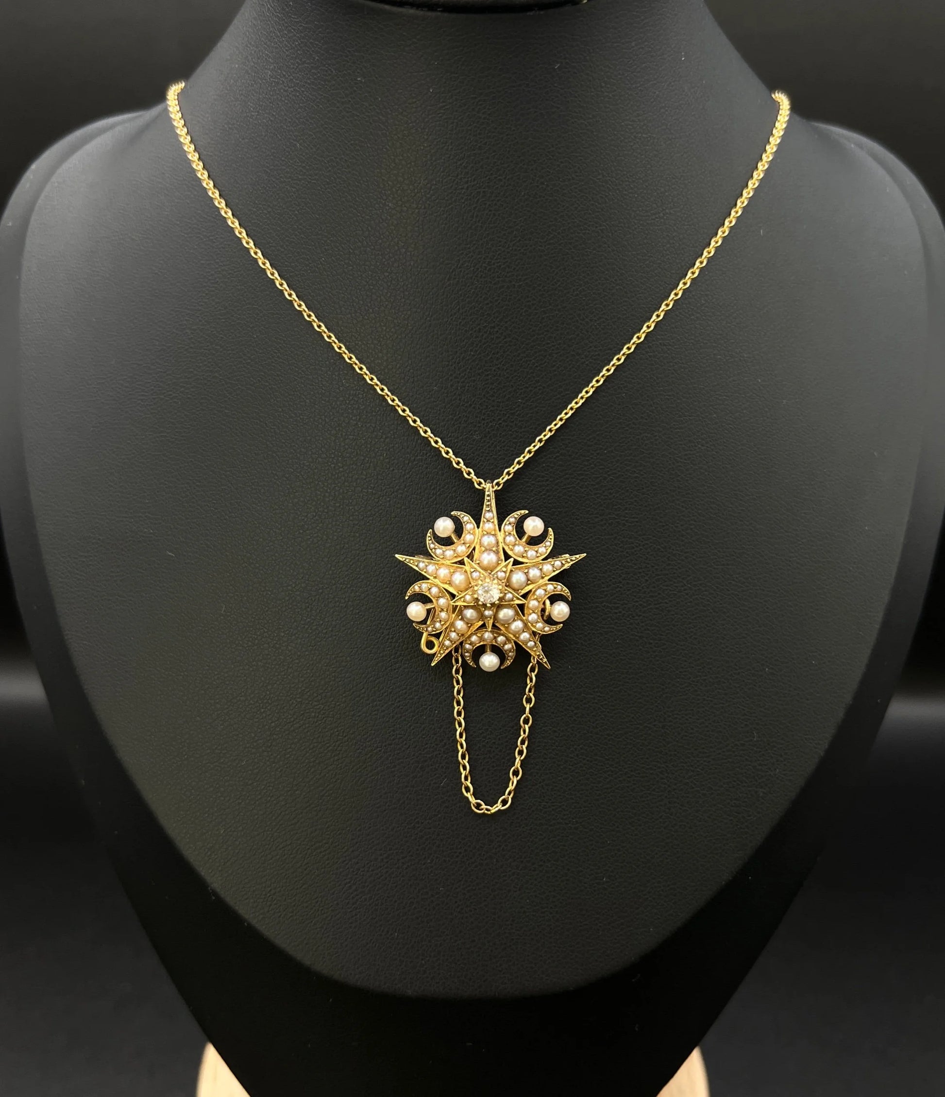 Antique 15 Carat Yellow Gold Diamond and Seed Pearl Crescent Star Brooch/Pendant