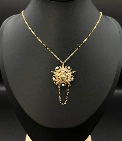 Antique 15 Carat Yellow Gold Diamond and Seed Pearl Crescent Star Brooch/Pendant