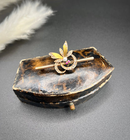 Victorian 18 Carat Gold Ruby, Diamond and Pearl Insect Brooch, Circa 1880