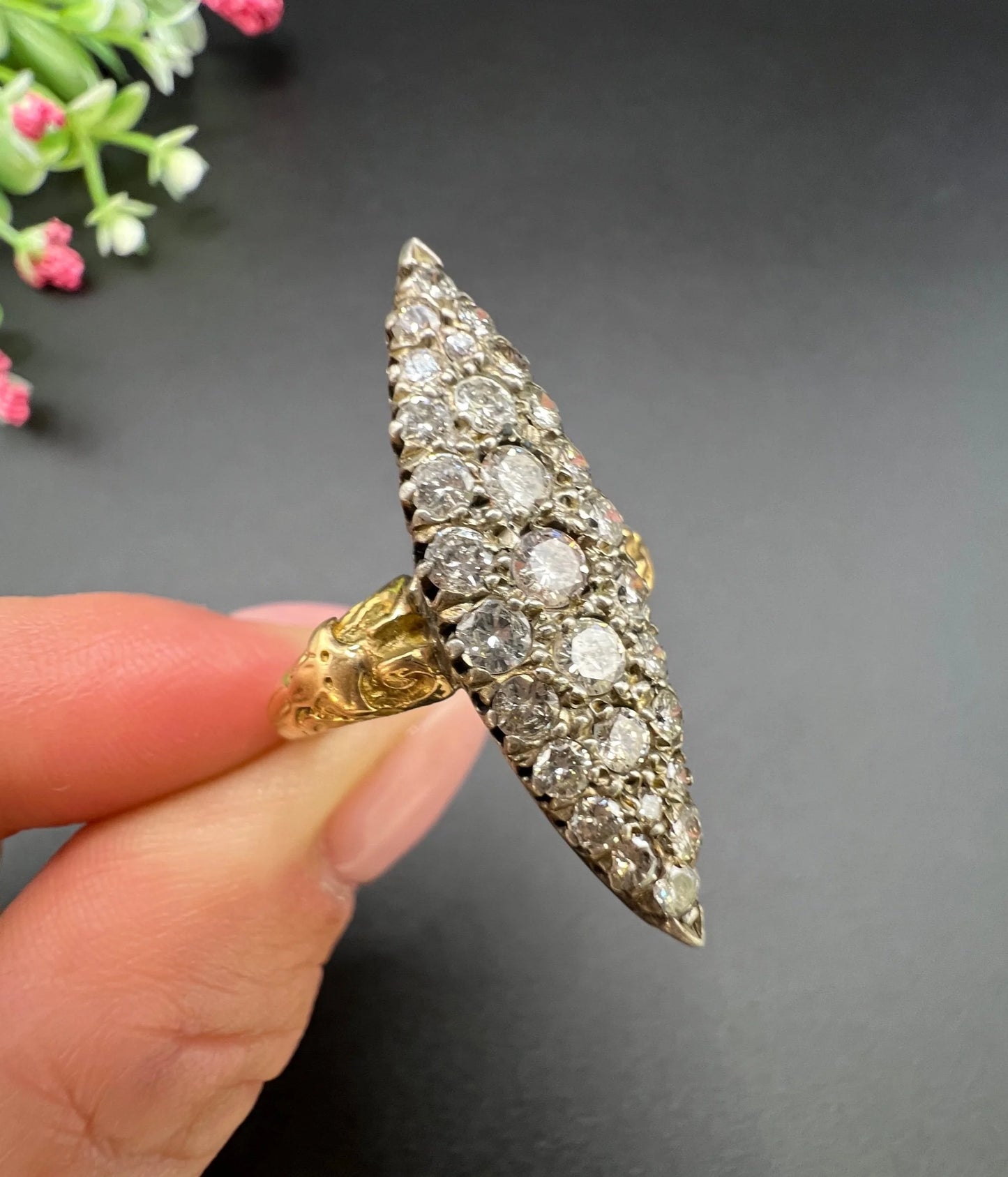 Victorian 18 Carat Yellow Gold Diamond Marquise/Navette Ring, 2.20 Carats