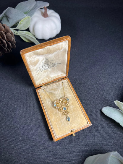 Antique 15 ct Gold Edwardian Aquamarine And Seed Pearl Pendant Necklace