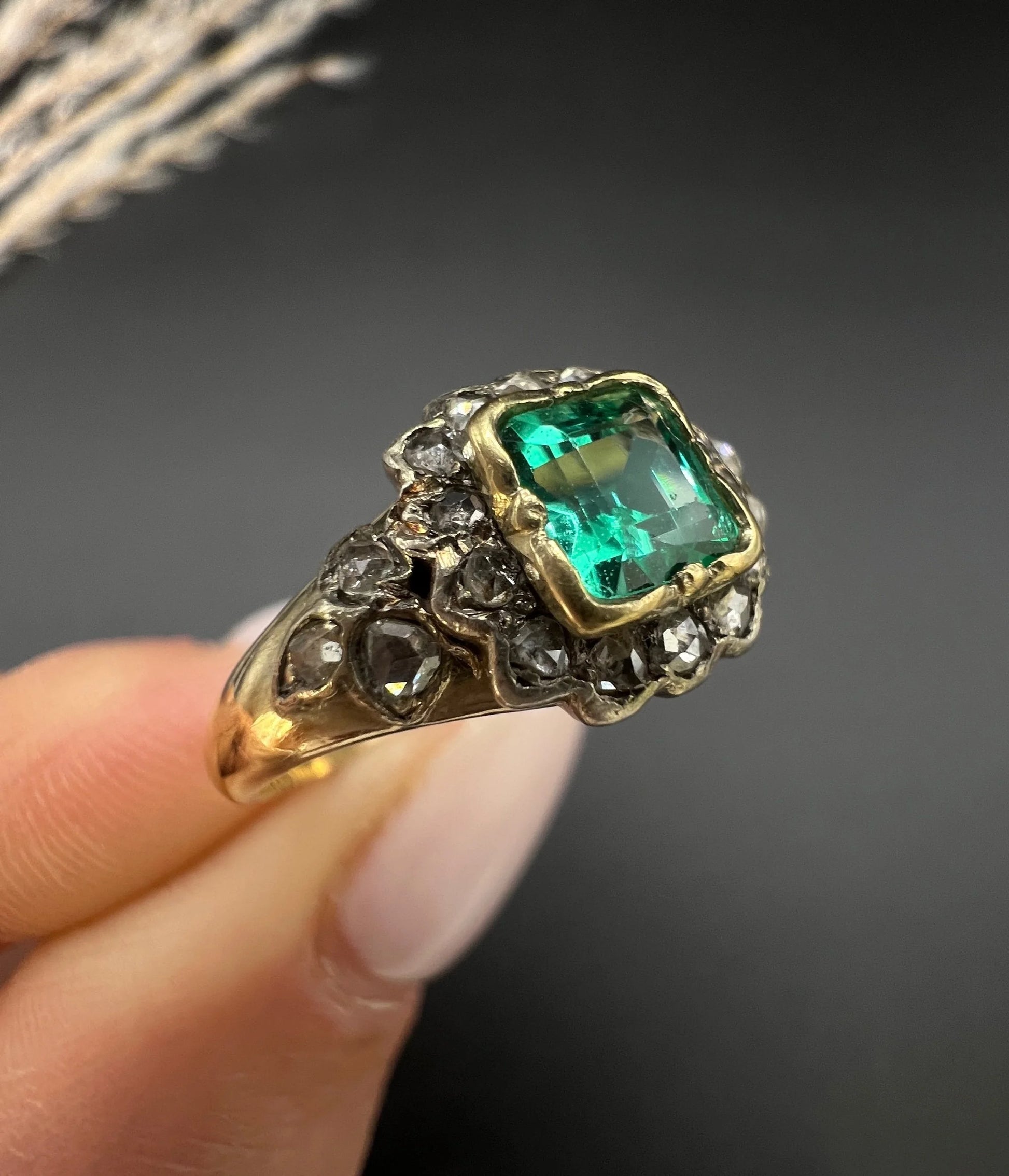 Victorian 18 Carat Yellow Gold Emerald and Diamond Square Cluster Ring, Circa 1860