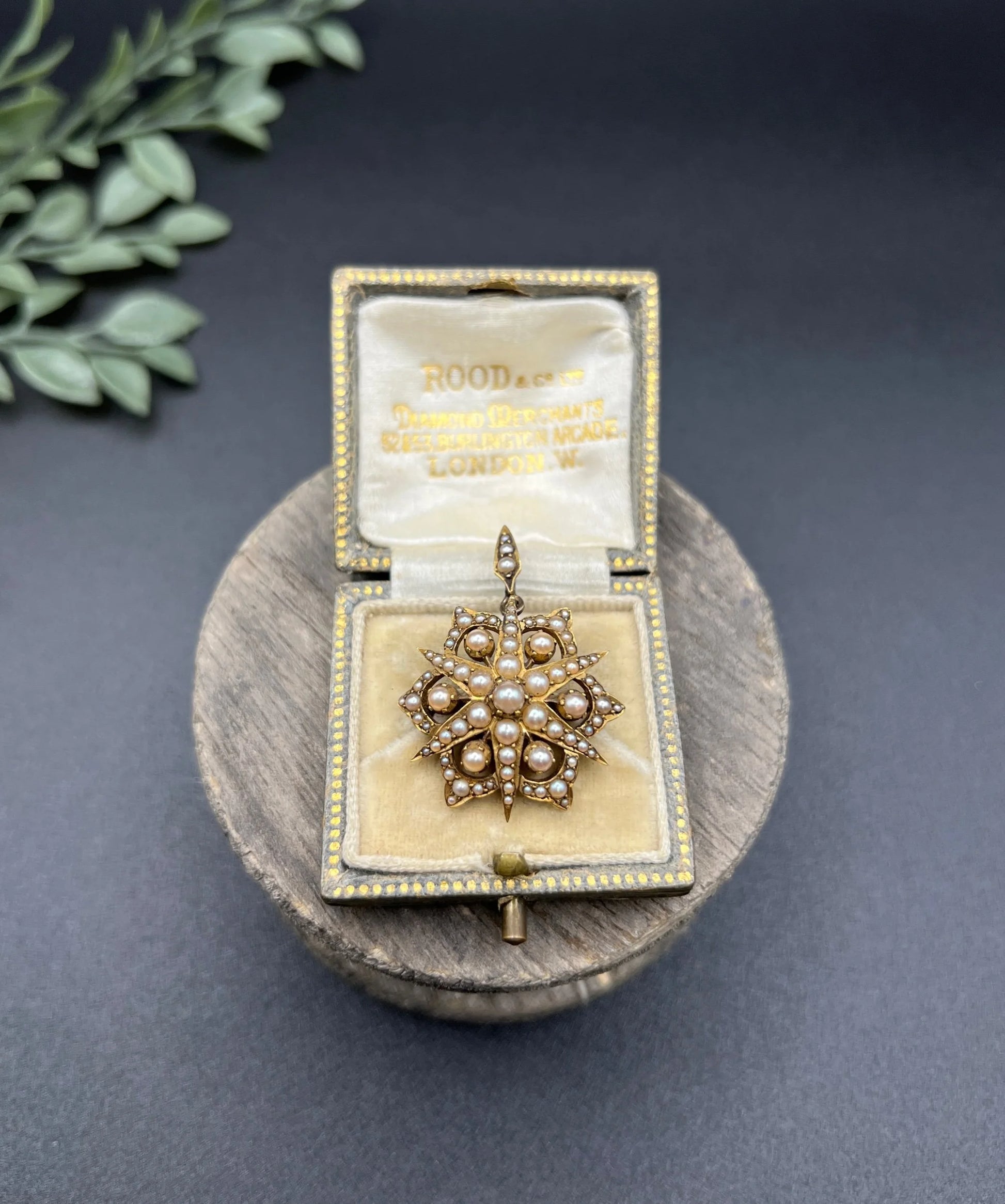 A yellow gold brooch/pendant with pearls in the shape of a star, in an antique box