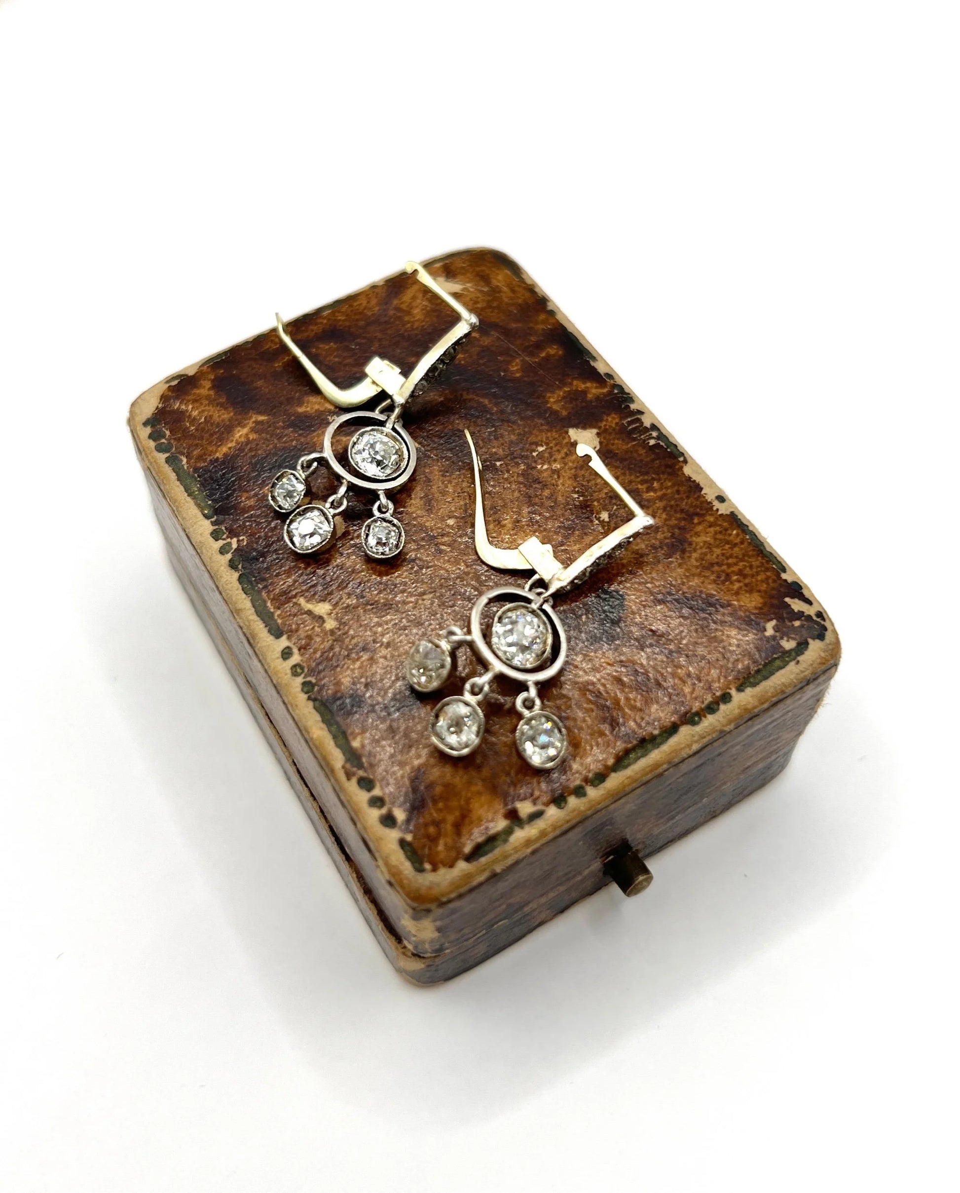 Edwardian 18 Carat Gold, Platinum and Diamond Drop Earrings, 1.90 Carats