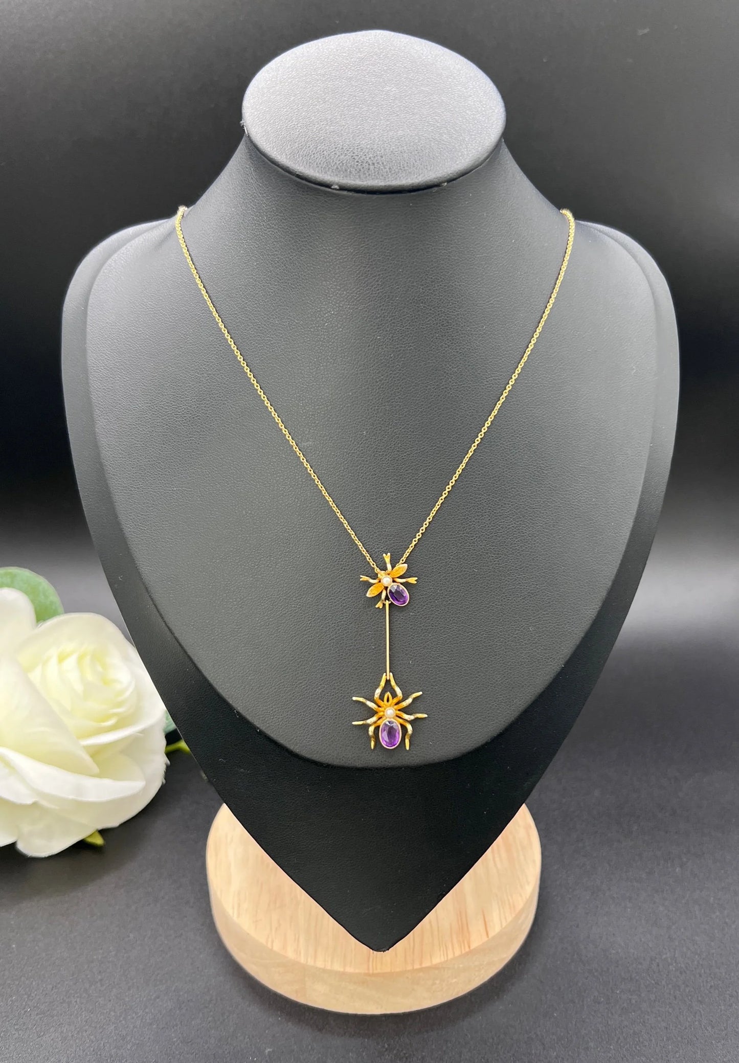 Antique 9 ct Gold, Edwardian Amethyst Spider And Fly Bug Pendant Necklace