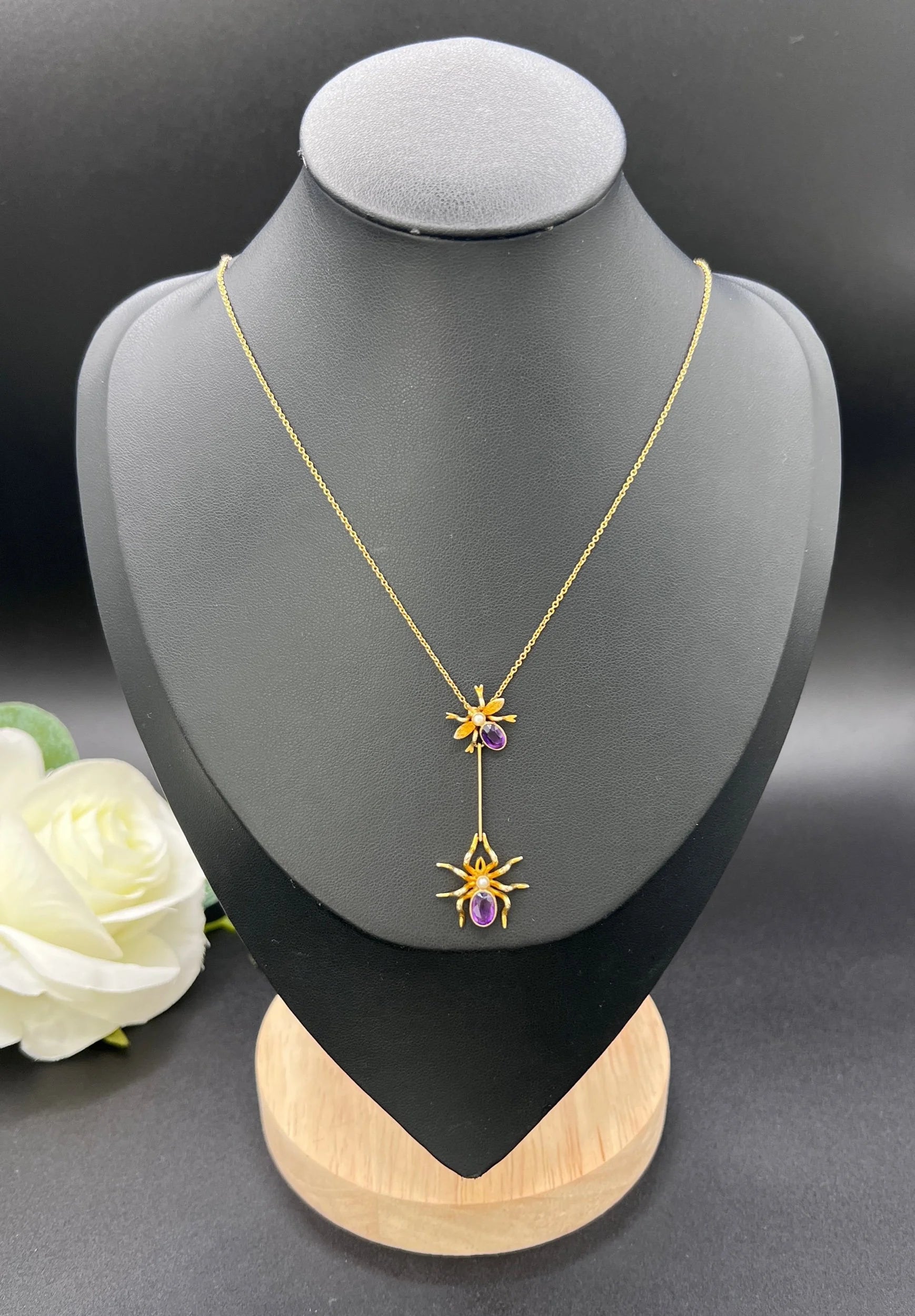 Antique 9 ct Gold, Edwardian Amethyst Spider And Fly Bug Pendant Necklace