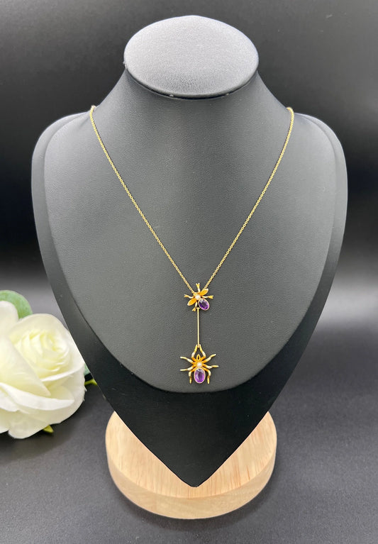 Antique 9 ct Gold, Edwardian Amethyst Spider And Fly Bug Pendant Necklace
