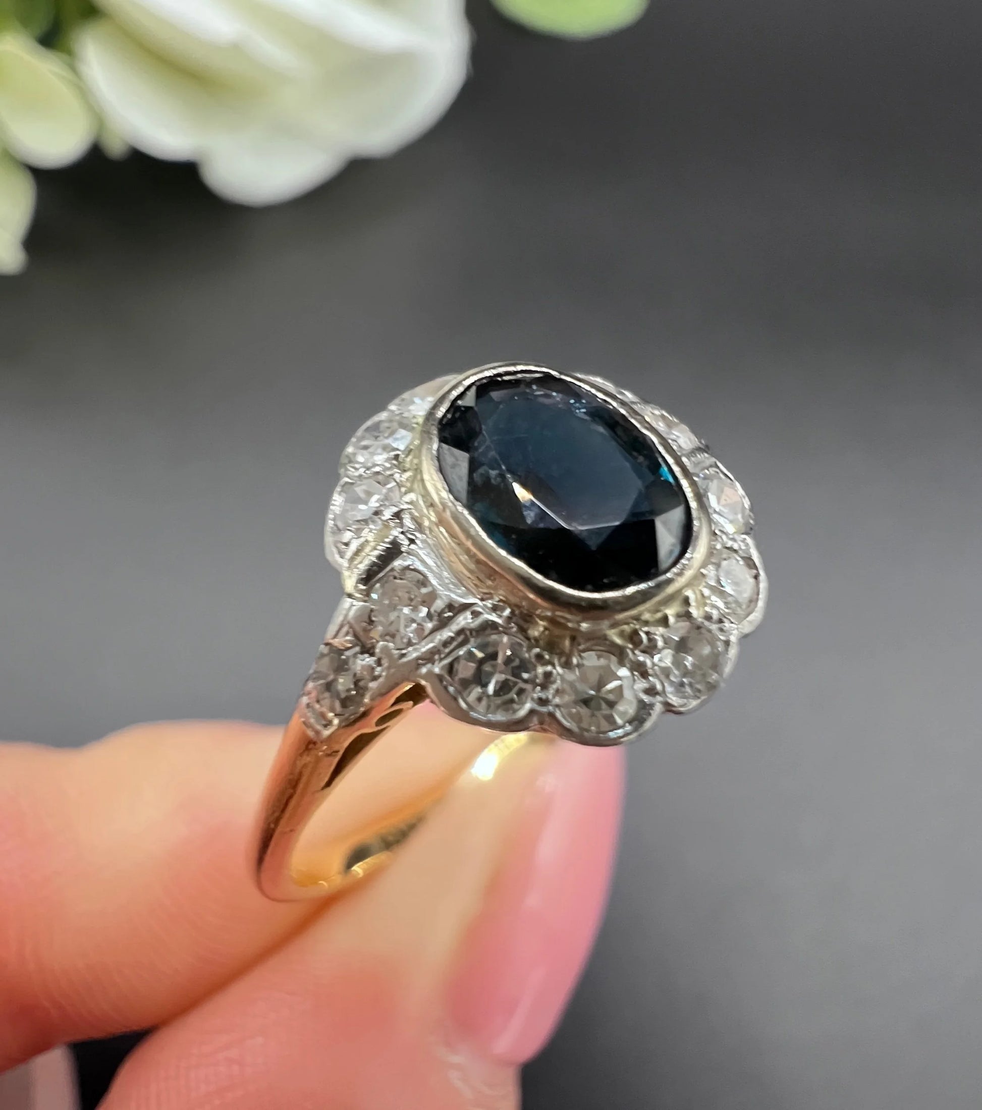 Antique 18ct Gold & Platinum, 1920s Sapphire and Diamond Oval Cluster Ring