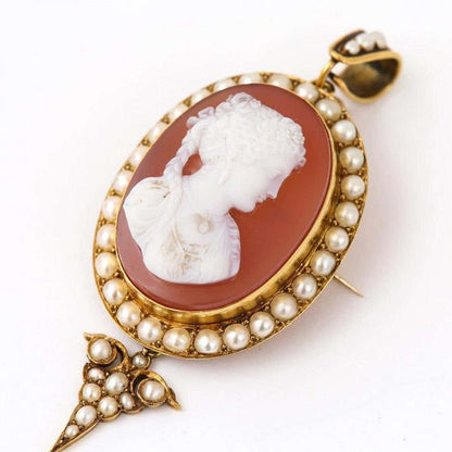 Antique Victorian Shell Cameo and Pearl Gold Pendant Brooch, circa 1890