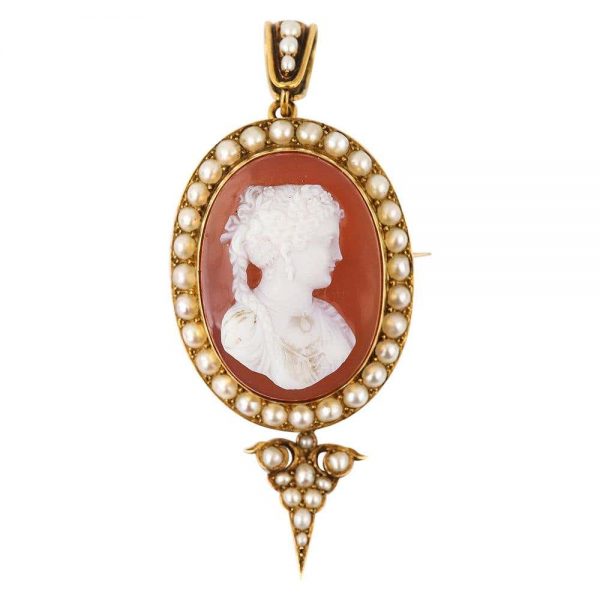 Antique Victorian Shell Cameo and Pearl Gold Pendant Brooch, circa 1890