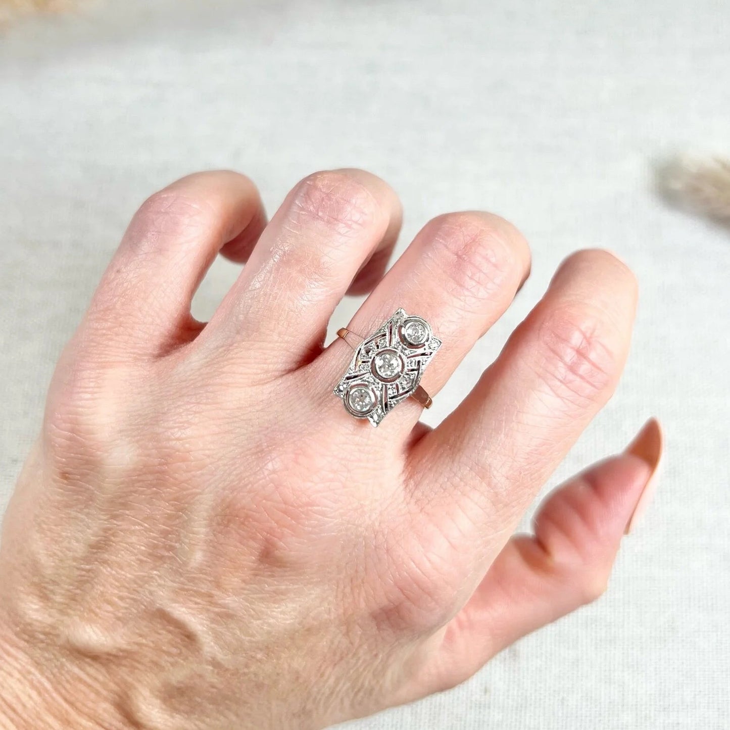 Edwardian Antique Old Cut Diamond Trilogy Cluster Plaque Ring in Platinum and 18ct Gold
