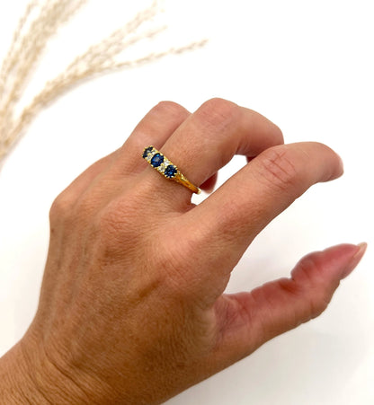 Antique 18 Carat Yellow Gold, Victorian Sapphire And Diamond Carved Seven Stone Ring
