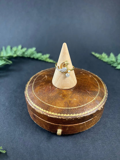 Art Nouveau 18 Carat Gold Old Cut Diamond and Natural Pearl Peacock Bird Ring