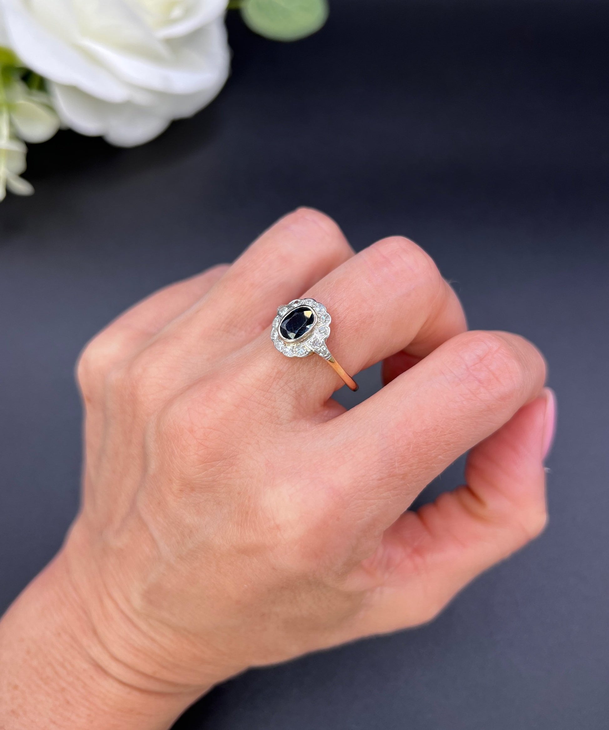 Antique 18ct Gold & Platinum, 1920s Sapphire and Diamond Oval Cluster Ring