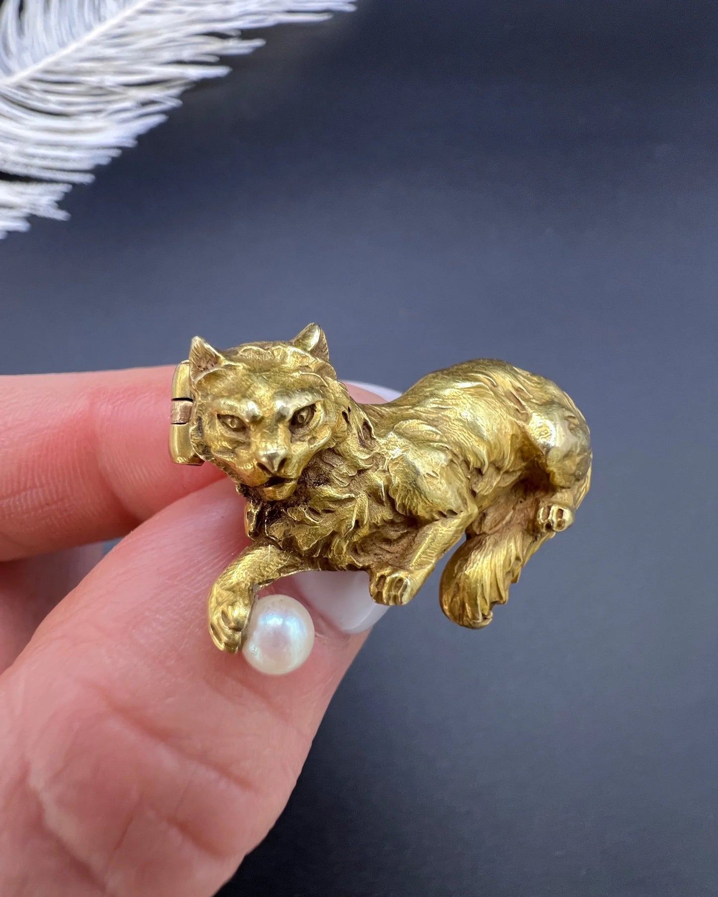 Edwardian 18 Carat Gold Cat Playing with Pearl Ball Brooch, Circa 1910