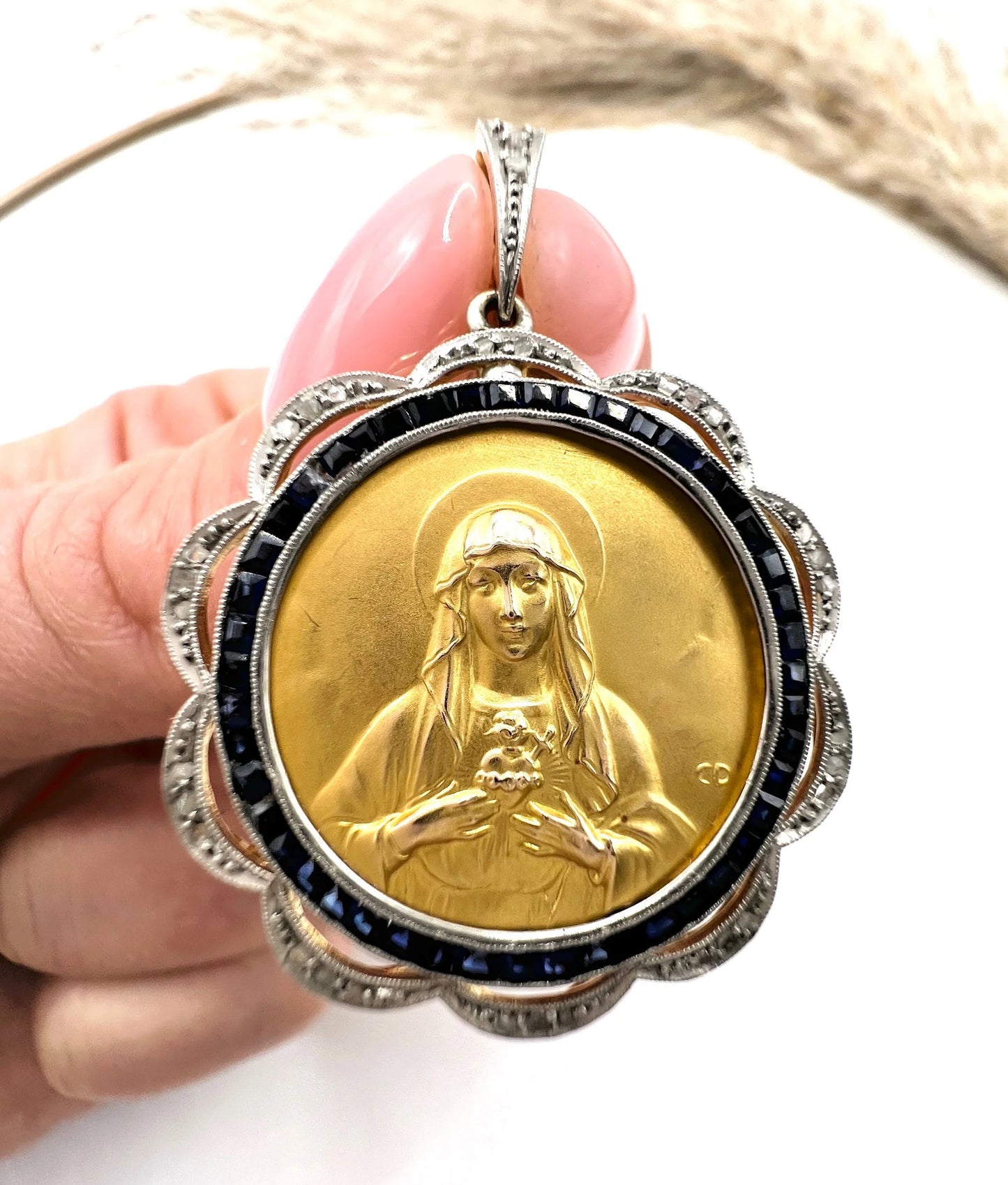 Antique 18 Carat Gold, Platinum and Sapphire Scared Heart Madonna Medal Pendant