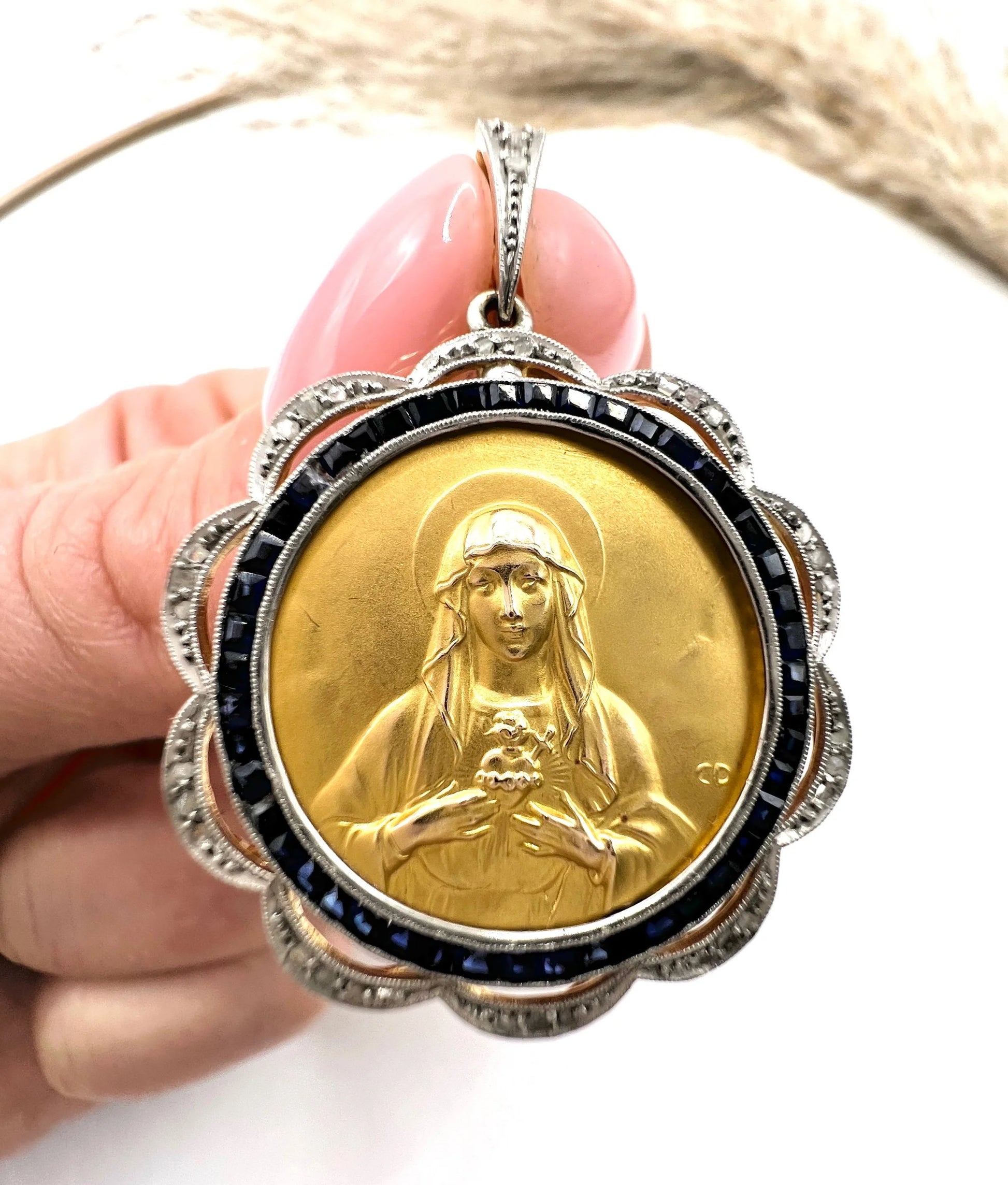 Antique 18 Carat Gold, Platinum and Sapphire Scared Heart Madonna Medal Pendant