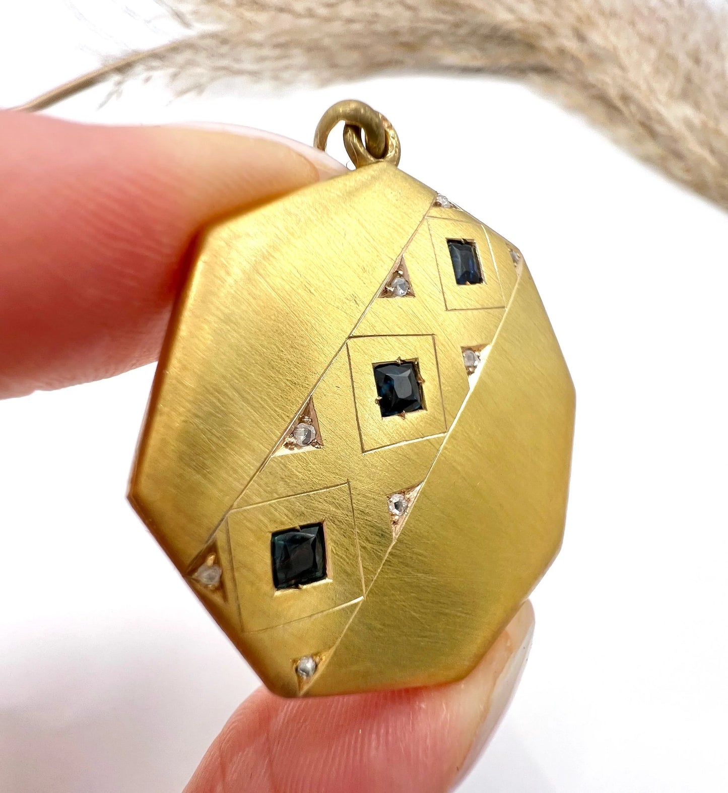 Vintage 15 Carat Yellow Gold Octagonal Shaped Sapphire and Diamond Locket, Circa 1930
