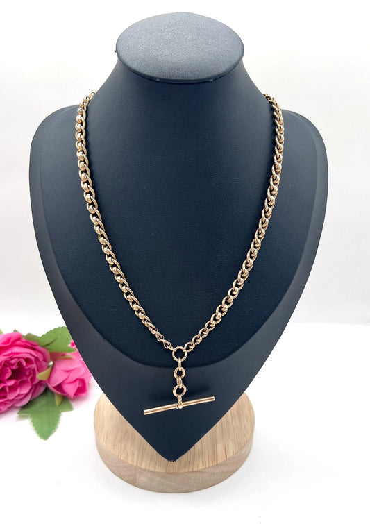 A rose gold fancy link Albert chain necklace with a T-bar attachment