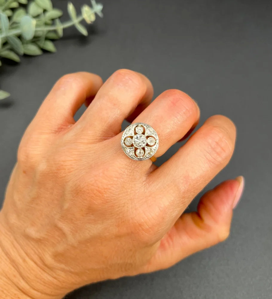 Edwardian Antique Diamond Circular Compass Points Cluster Ring