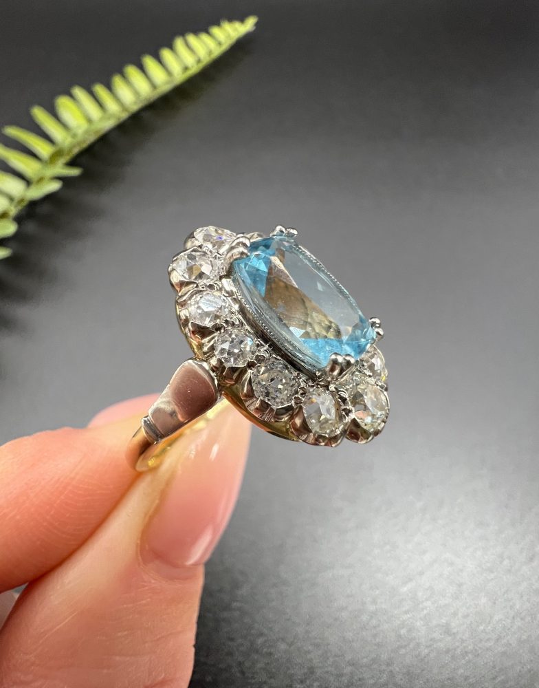 Vintage 2ct Aquamarine and Diamond Cluster Engagement Ring