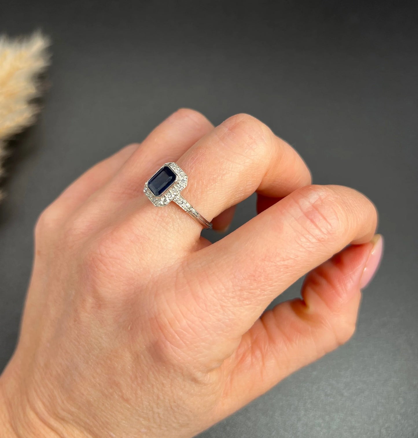 Vintage Art Deco Style Sapphire and Diamond Cluster Engagement Ring in 18ct White Gold