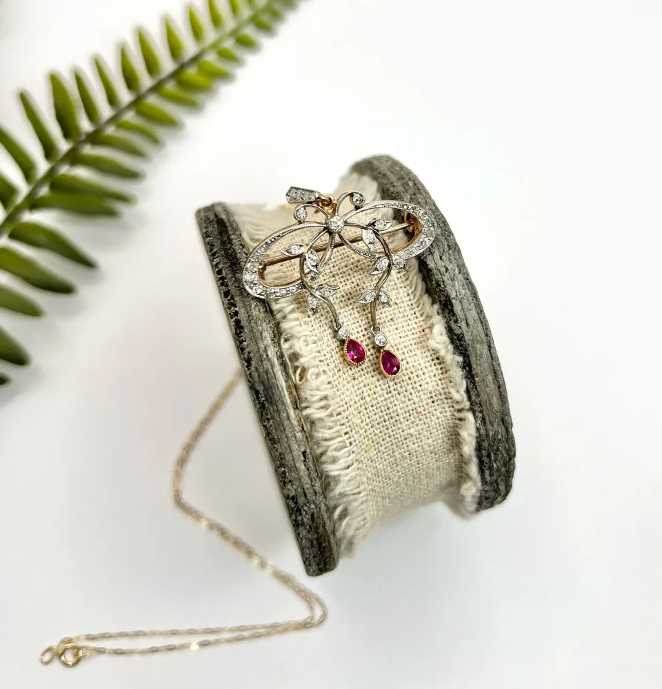 Belle Epoque Edwardian Antique Diamond Bow Pendant Brooch with Ruby Drops