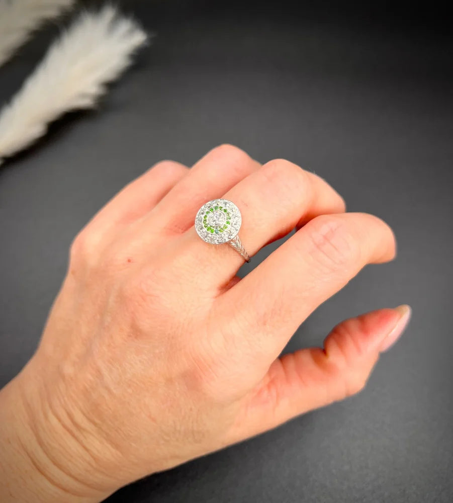 Edwardian Antique Demantoid Garnet and Diamond Target Cluster Ring