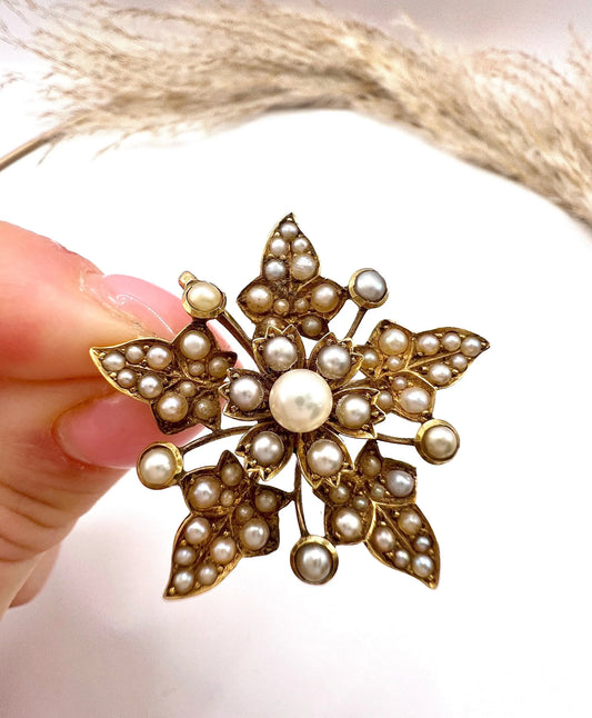 Antique 15ct Gold, Edwardian era Natural Seed Pearl Flower Pendant/Brooch
