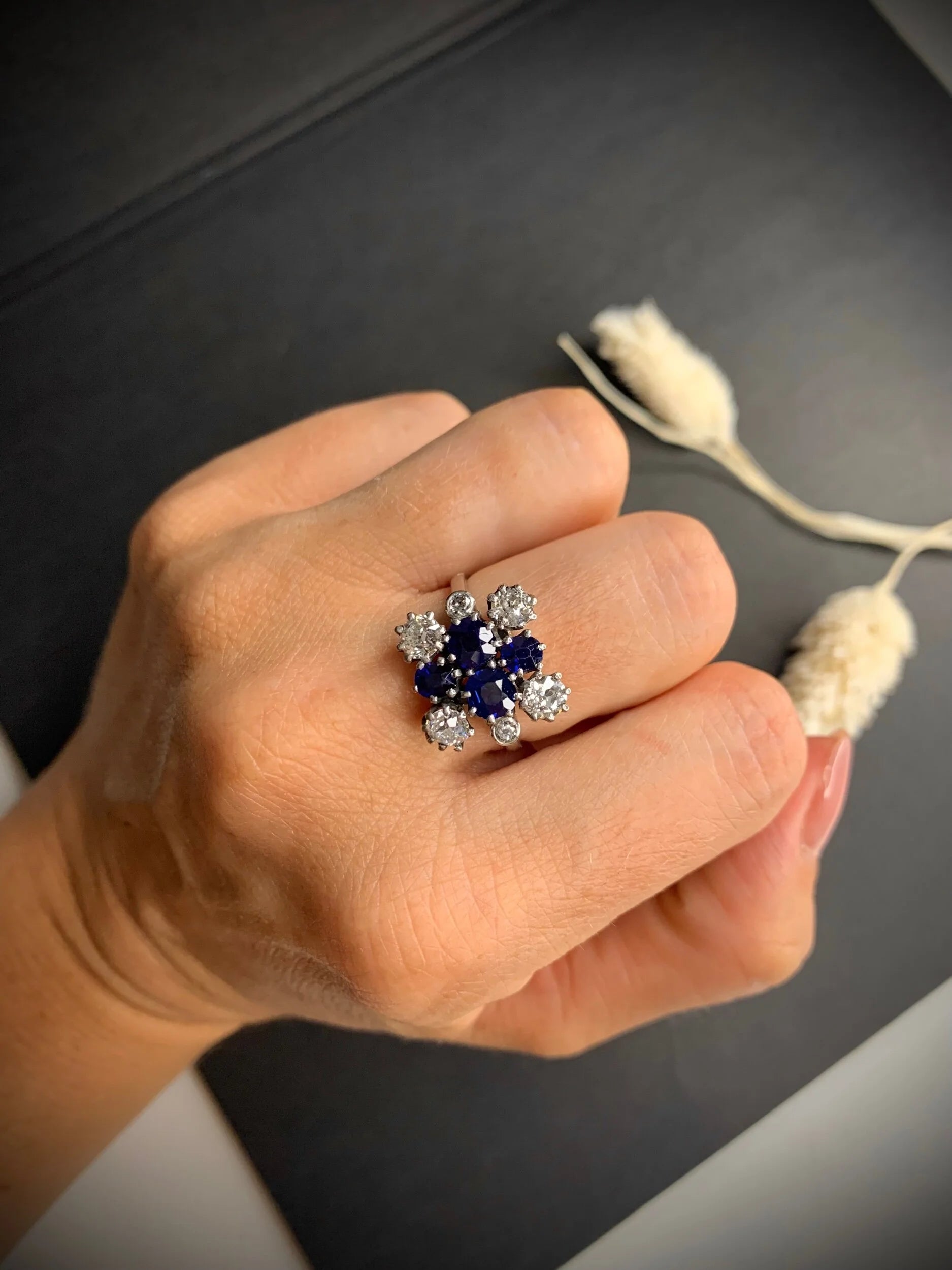 Vintage 1940s Sapphire and Diamond Cluster Ring
