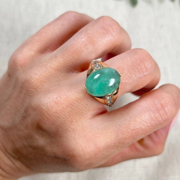 Vintage 14 Carat Rose Gold Cabochon Emerald and Diamond Ring, Circa 1960