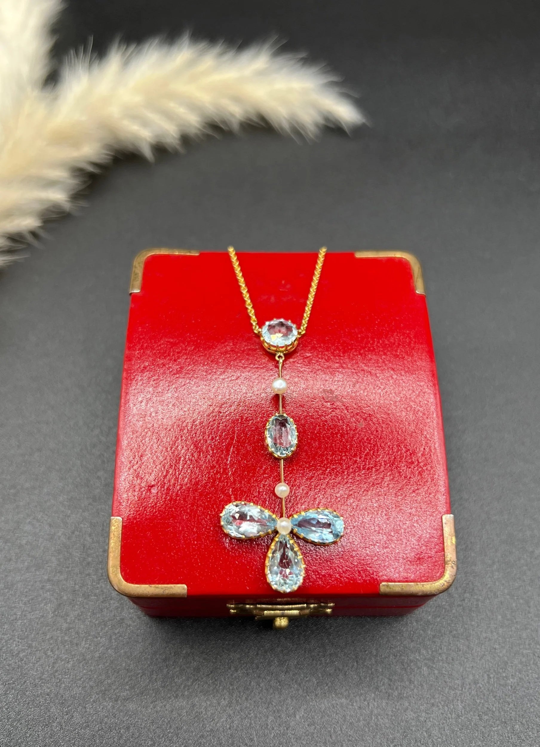 Antique 9 ct Yellow Gold, Edwardian Aquamarine And Pearl Floral Pendulum Drop Pendant