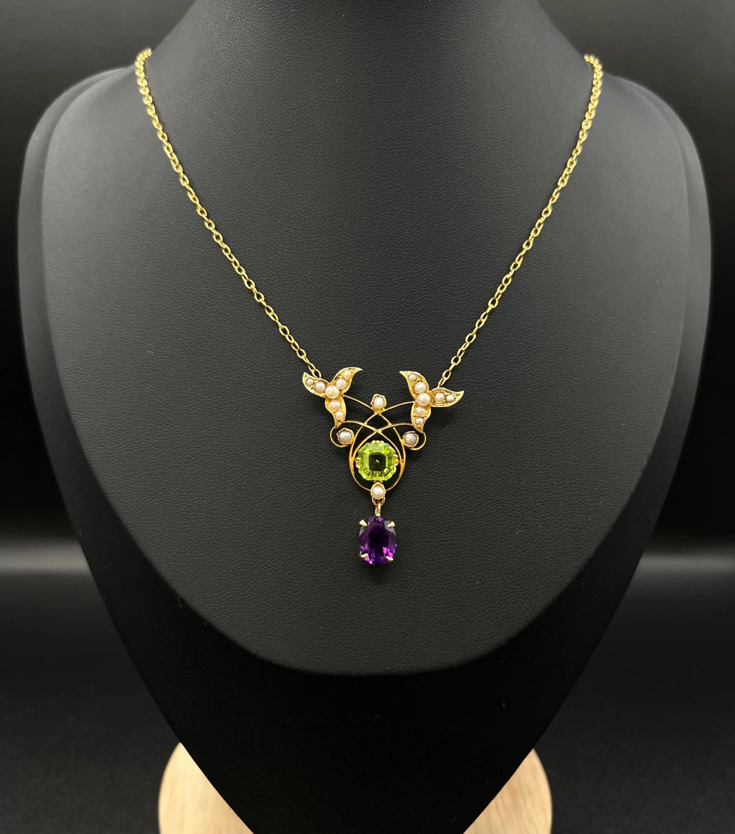 Antique 9 ct Gold Edwardian Suffragette Pendant Necklace With Amethyst, Peridot And Seed Pearls