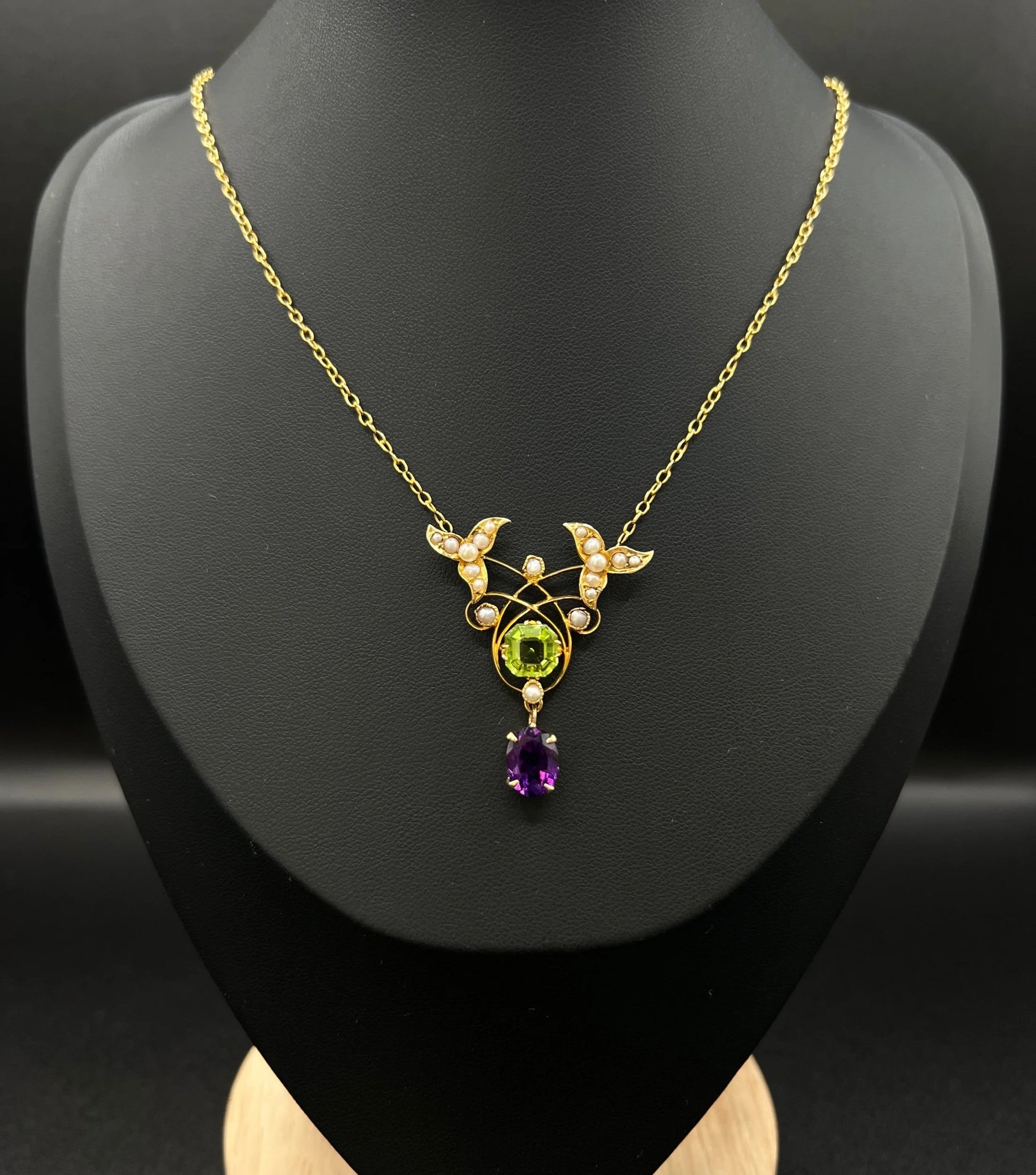 Antique 9 ct Gold Edwardian Suffragette Pendant Necklace With Amethyst, Peridot And Seed Pearls