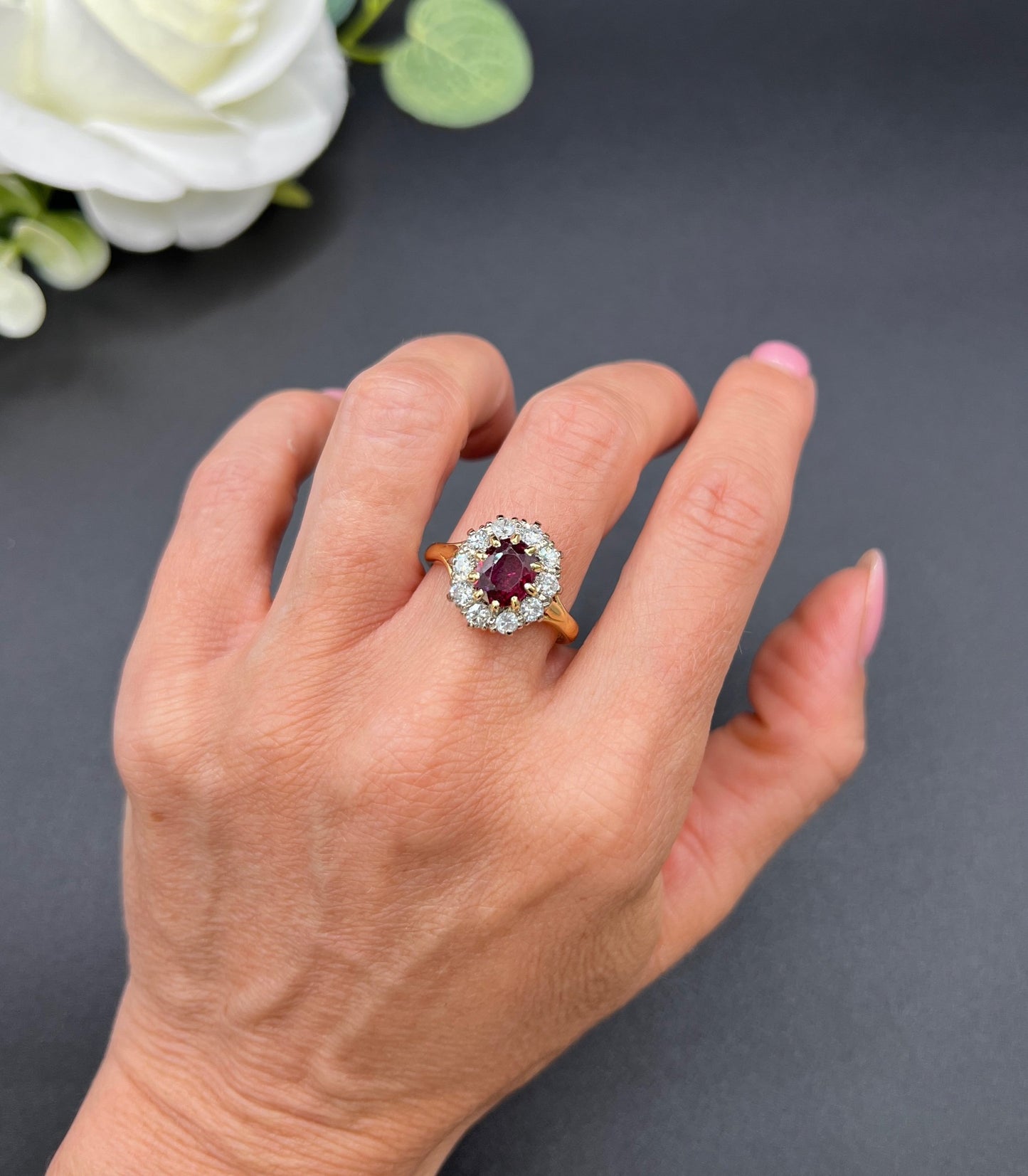 Vintage 18ct Gold, 1950s Ruby & Diamond Cluster Ring