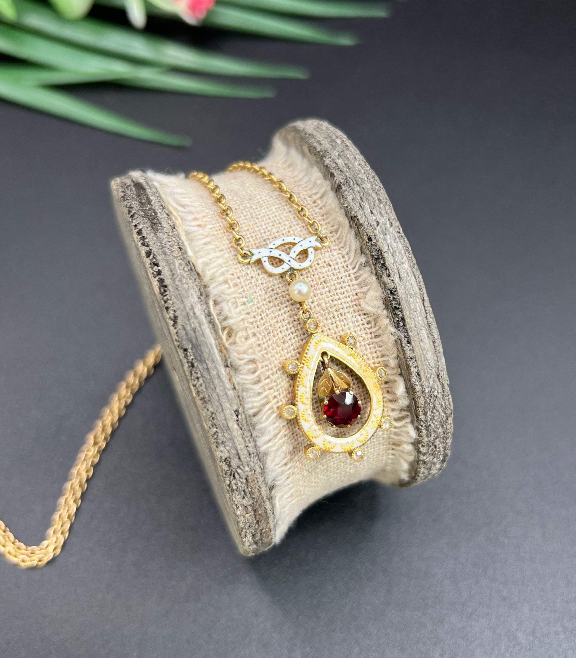 Antique 15 ct Gold, Edwardian Garnet, Diamond, Seed Pearl And Enamel Pendant Necklace