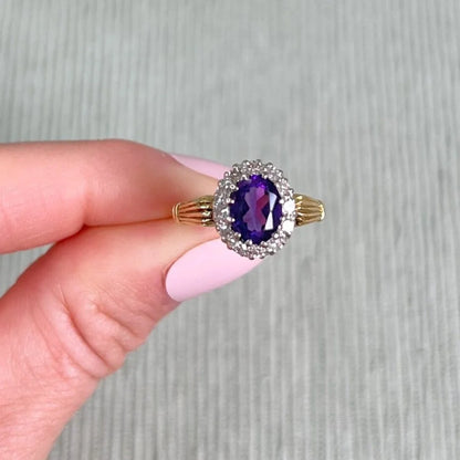 Vintage 18 Carat Gold 1970’s Amethyst And Diamond Cluster Ring