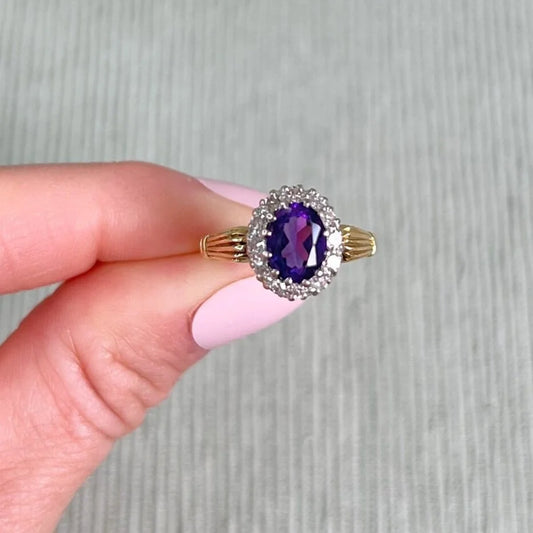 Vintage 18 Carat Gold 1970’s Amethyst And Diamond Cluster Ring