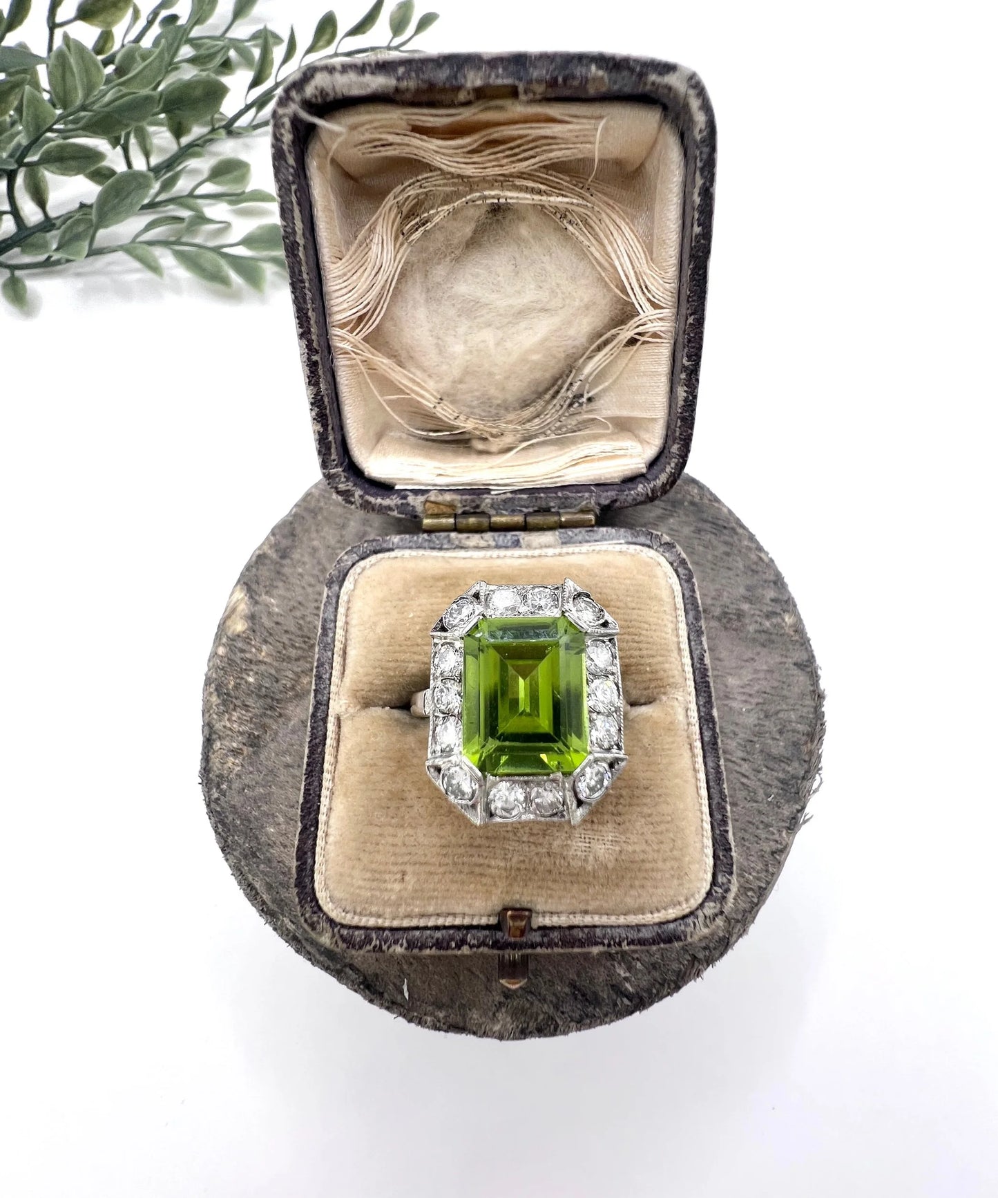 Antique 18ct White Gold & Platinum, 1920s Peridot and Diamond Rectangular Halo Cluster Ring