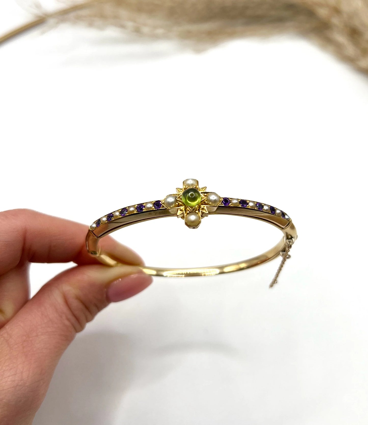 Antique 15 Carat Gold Peridot, Amethyst and Pearl Suffragette Bangle, Circa 1910