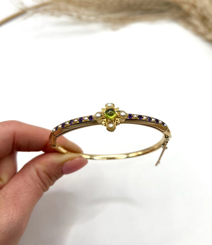 Antique 15 Carat Gold Peridot, Amethyst and Pearl Suffragette Bangle, Circa 1910