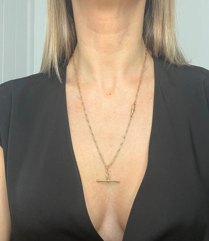 Antique 15 Carat Yellow Gold 1920's Long Fetter Link Chain With Swivel Clip And T-bar