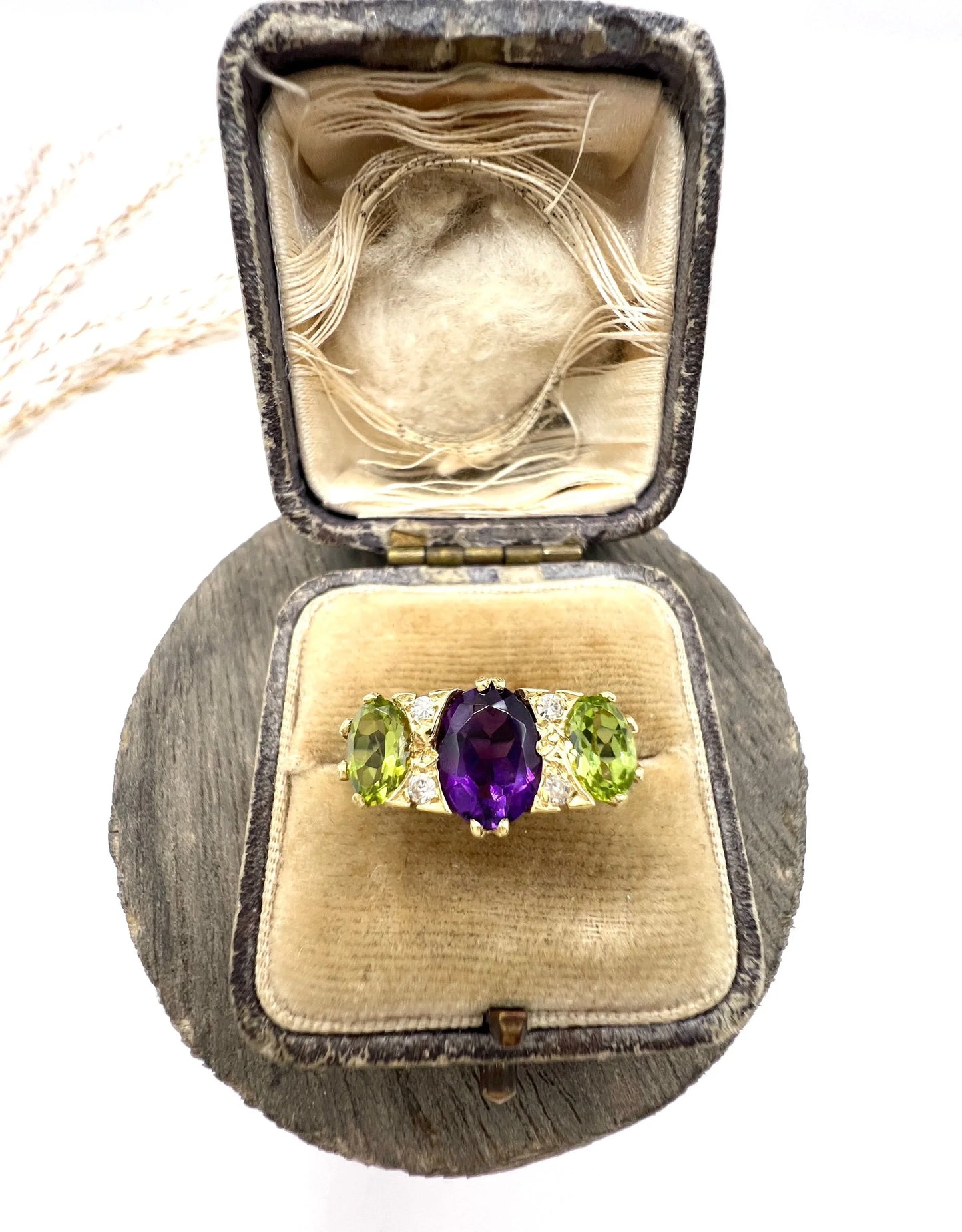 Antique 18 Carat Yellow Gold Edwardian Amethyst, Diamond and Peridot Suffragette Ring