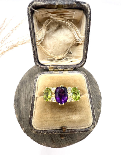 Antique 18 Carat Yellow Gold Edwardian Amethyst, Diamond and Peridot Suffragette Ring